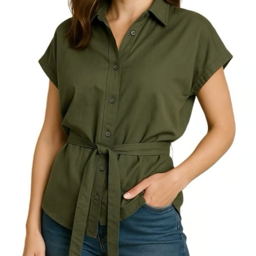 Luna Skies Button-Up Blouse Short Sleeve Utility Safari Olive Green Top Small
